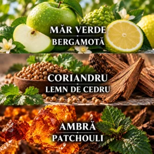 Notele parfumului Amber Essence: măr verde, bergamotă, coriandru, lemn de cedru, ambră, patchouli