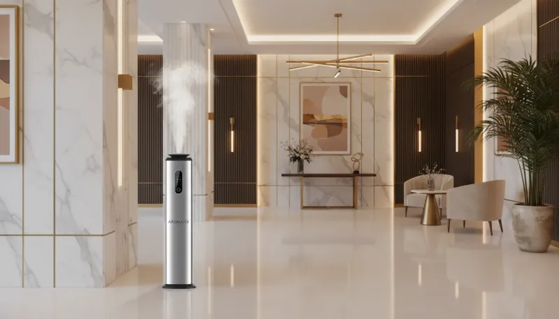 Difuzor de parfum profesional Aromatix pornit într-un hol de hotel