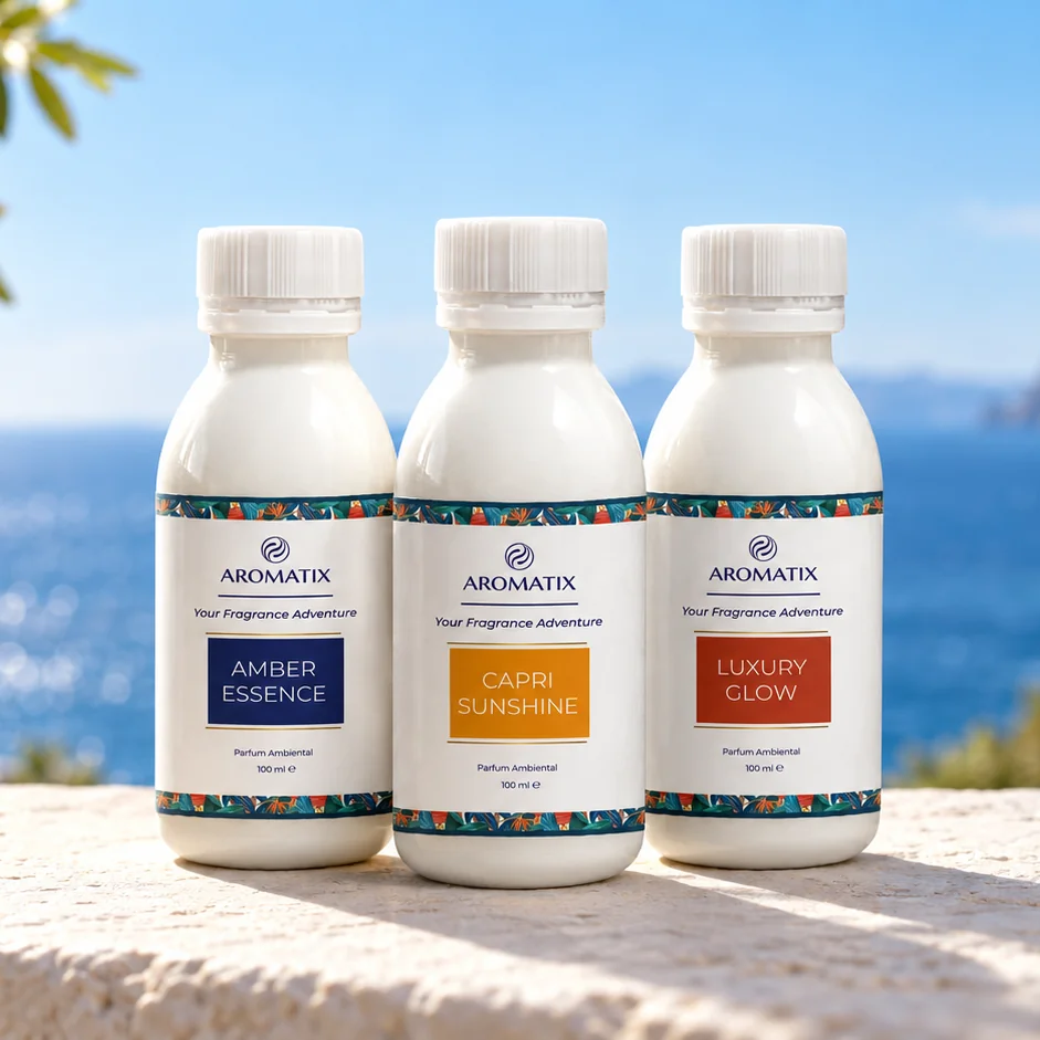 Parfumuri de cameră Aromatix din colecția The Fragrance Adventure pe o terasă cu vedere la mare