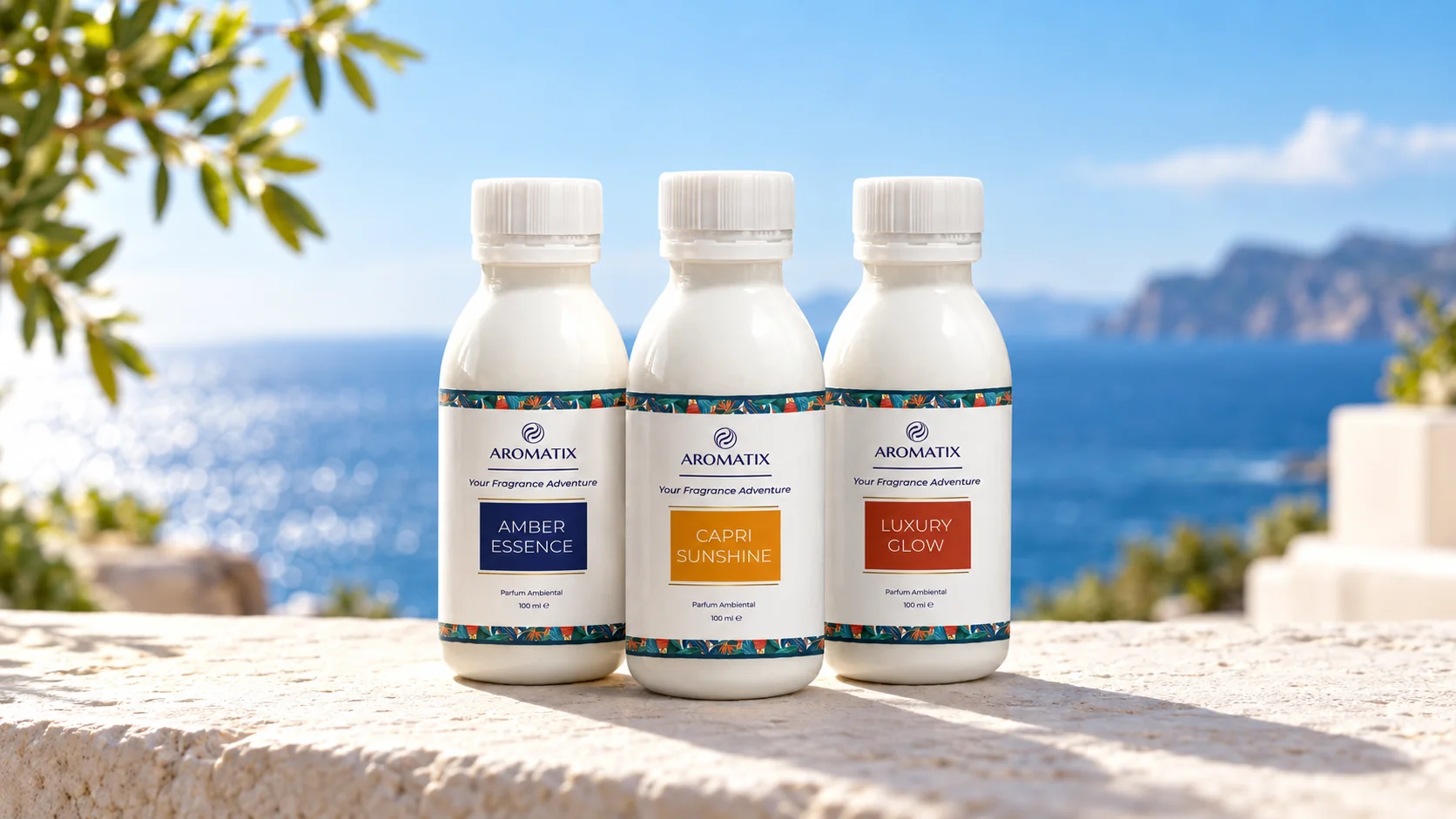 Parfumuri de cameră Aromatix din colecția The Fragrance Adventure pe o terasă cu vedere la mare