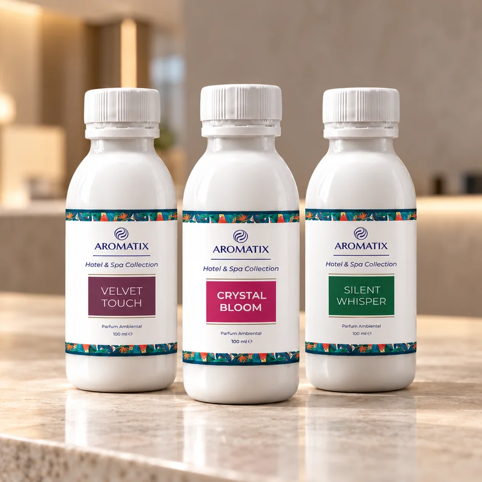 Parfumuri de cameră Aromatix din colecția Hotel & SPA Collection pe un blat de spa