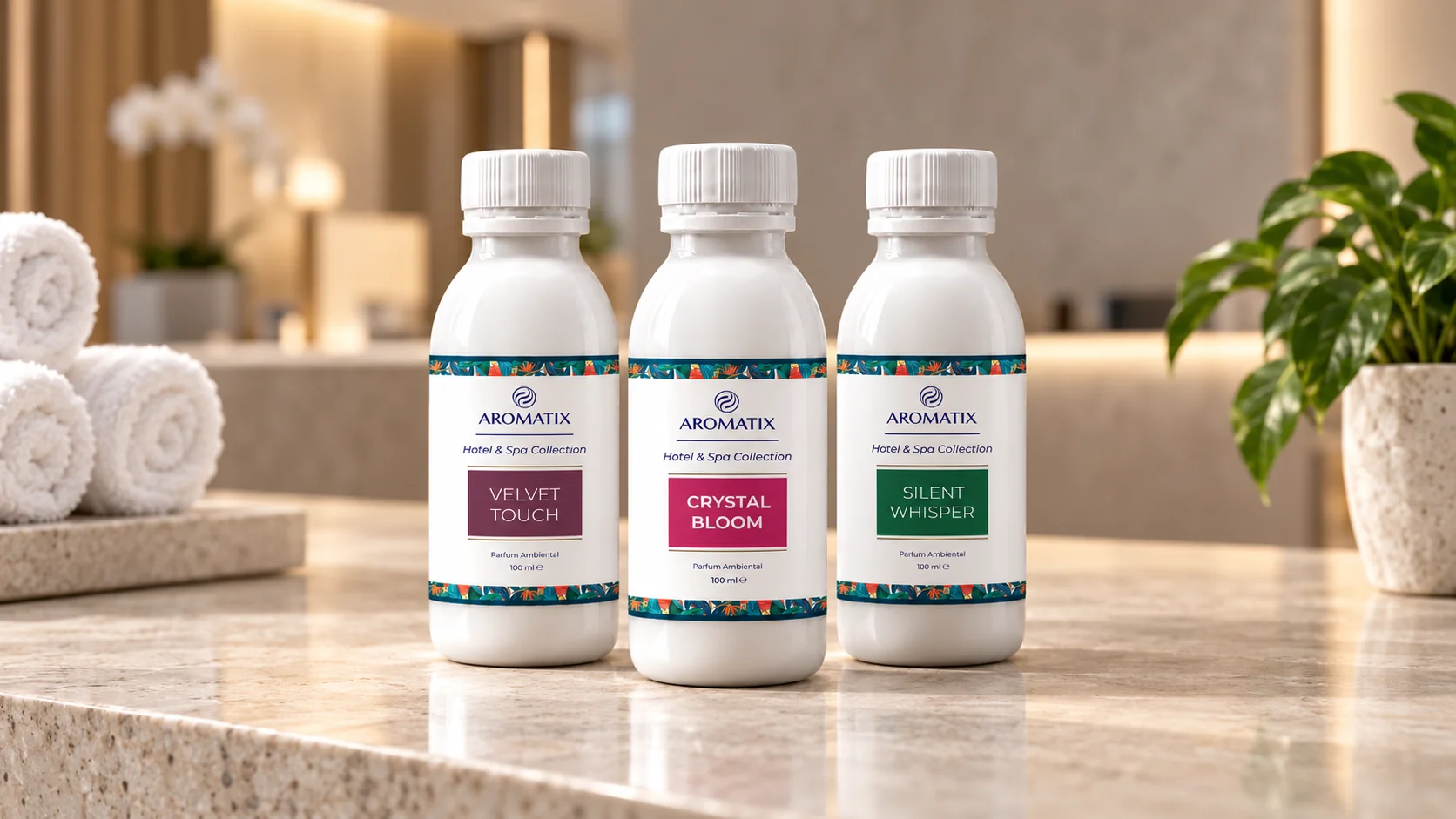 Parfumuri de cameră Aromatix din colecția Hotel & SPA Collection pe un blat de spa