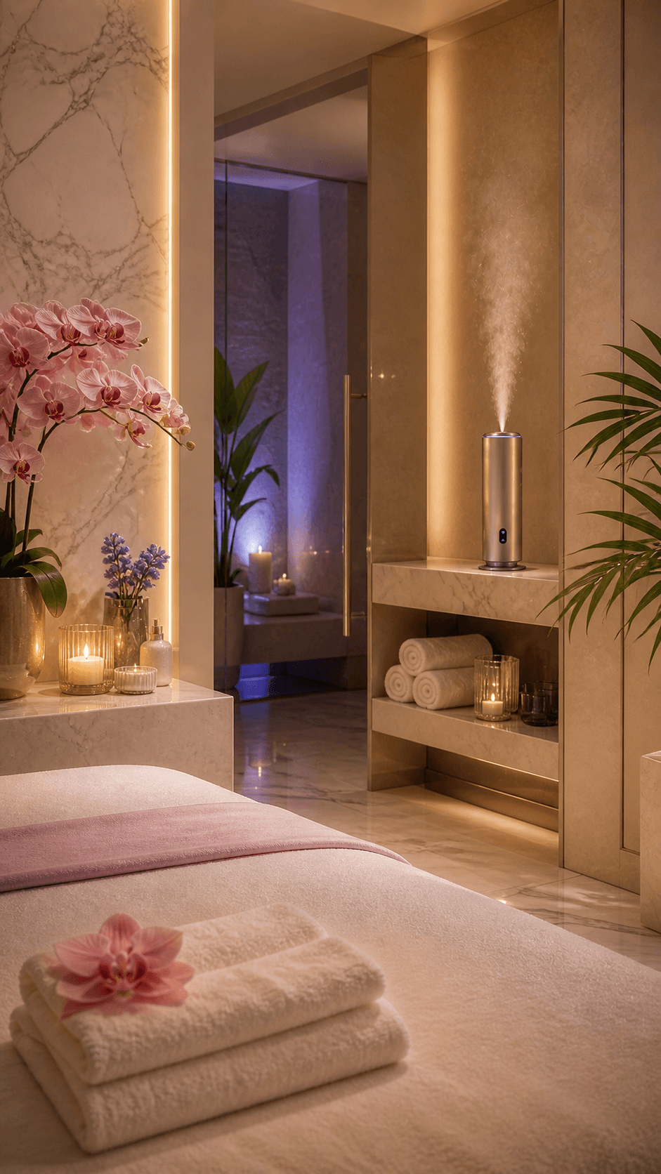 Atmosferă de spa cu difuzor de parfum, orhidee și prosoape